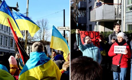 «Som å våkne til et mareritt» – ukrainere og russere i protest utenfor den russiske ambassaden