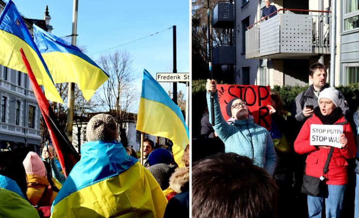 «Som å våkne til et mareritt» – ukrainere og russere i protest utenfor den russiske ambassaden